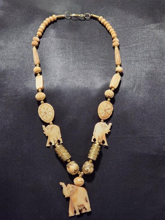 Jewelry - Vintage Carved Bovine Bone Elephant Statement Necklace India 1970s
